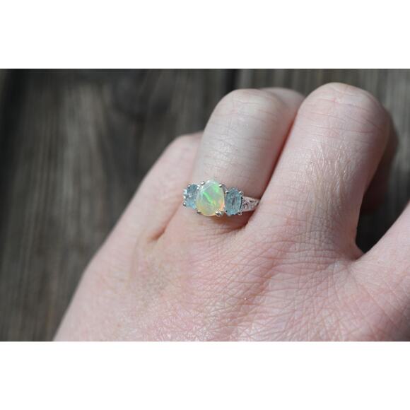 Aquamarine and opal engagement ring sterling silver size 3 4 5 6 7 8 9 10 11 12 - Picture 5 of 7